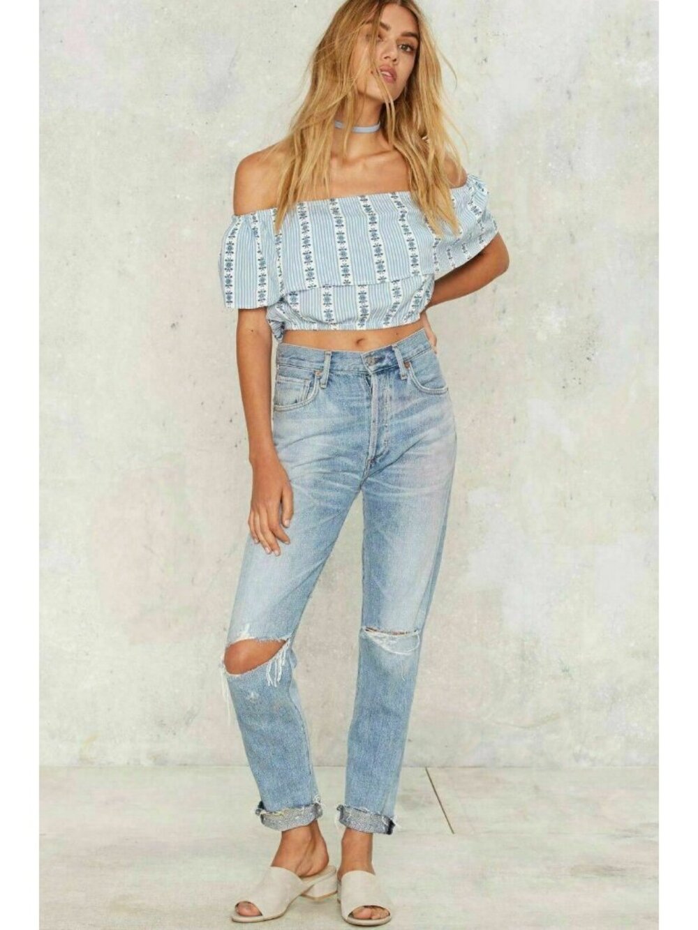 Nasty Gal Motel Harriet Off Shoulder Crop Top Blue Floral Stripe XS Boho - Picture 8 of 13